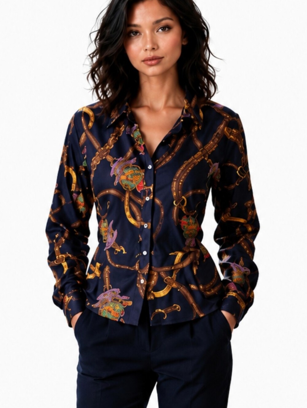 Ralph Lauren Chain Print Lux Cotton Button-Up Blouse | Navy NWT